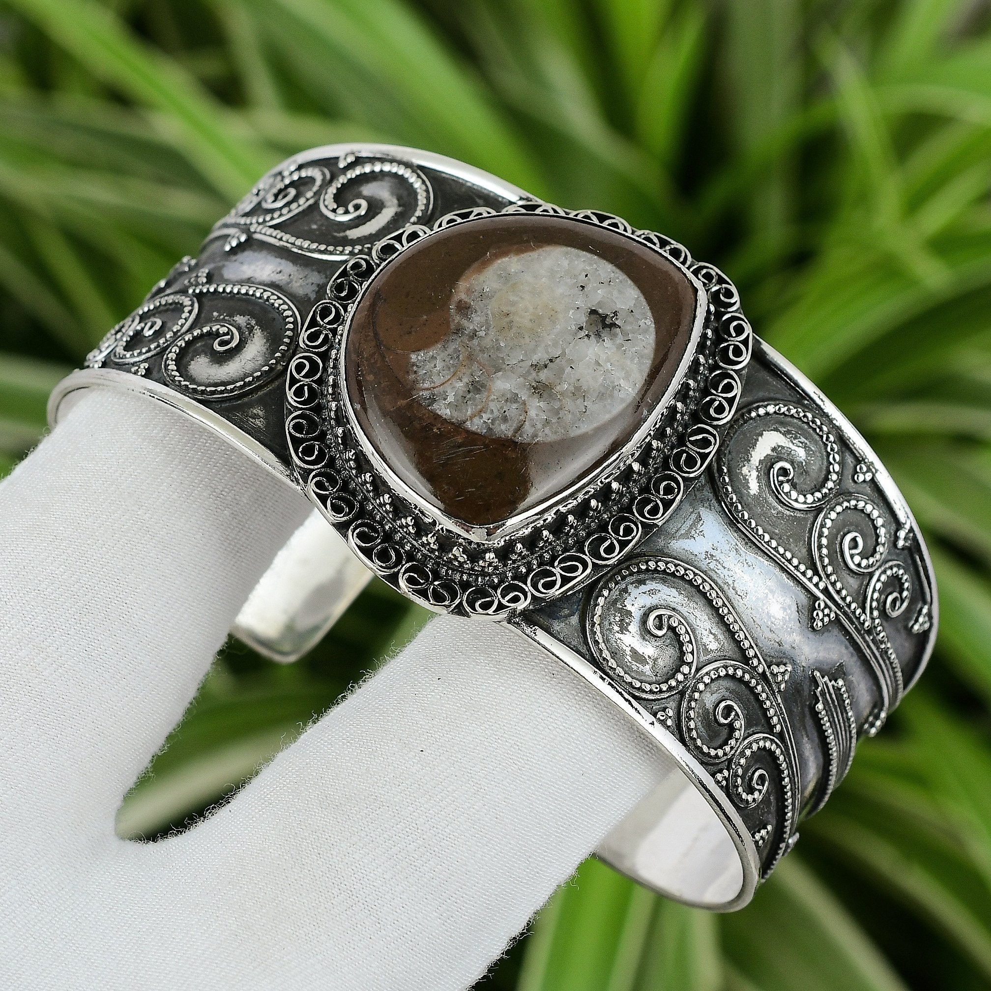 Ammonite Fossil Cuff Bracelet 925 