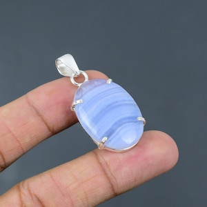 Blue Lace Agate 925 Sterling Silver Pendant - Handmade Gemstone Jewelry
