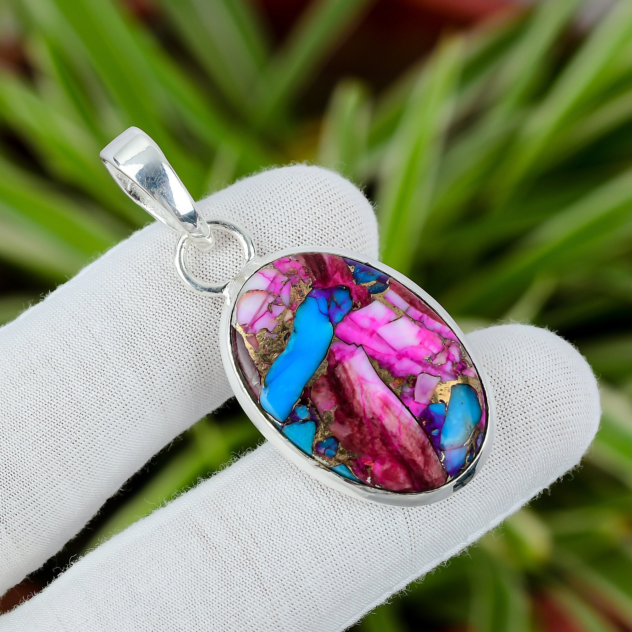 Kingman Pink Dahlia Turquoise Pendant: Handmade Sterling Silver