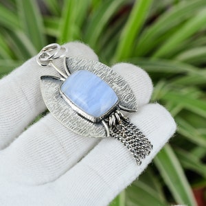 Handmade Blue Lace Agate 925 Sterling Silver Pendant: Bridal Jewelry