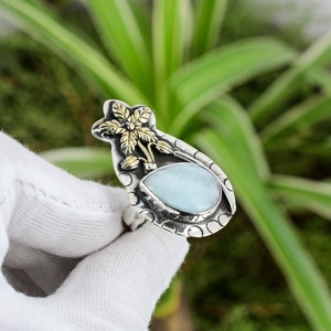 Anillo Larimar 925 Anillo de plata de ley Anillo ajustable Anillo ajustable 18K Anillo de piedra preciosa real chapado en oro Anillo de flores Anillo de flores Joyería hecha a mano Regalo de Navidad
