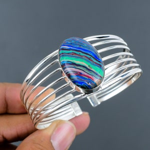 Brazalete de calsílica arcoíris, pulsera de plata de ley 925, brazalete ajustable con piedras preciosas, joyería hecha a mano, brazalete de diseñador, regalos de boda