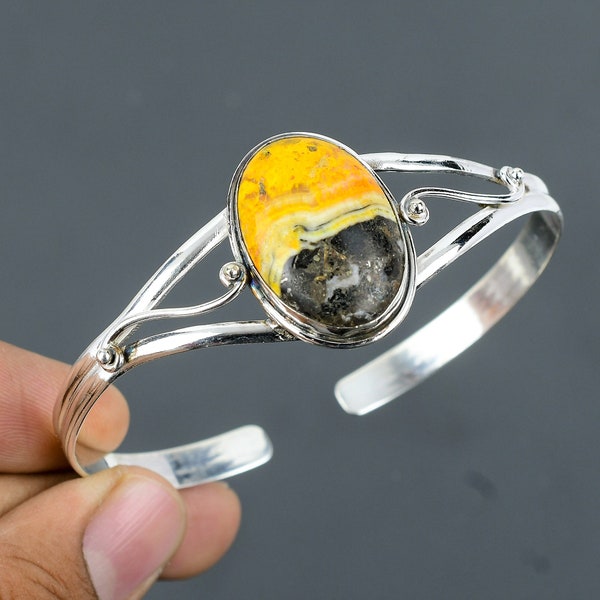 Bumble Bee Jasper Cuff Bracelet 925 Sterling Silver Bangle Adjustable Bangle Bumble Bee Jasper Jewelry Gemstone Handmade Bangle Gift For Her