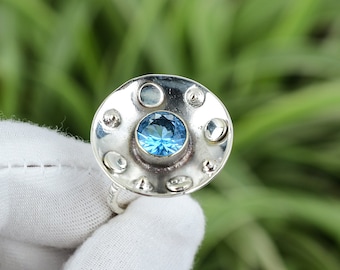 Faceted Swiss Blue Topaz Ring: Handmade 925 Sterling Silver, Size 7.75