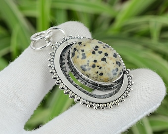 Pendentif Fait Main En Jaspe Dalmatien Et Argent 925 - Longueur 2,25 Pouces, Neuf Sans Emballage