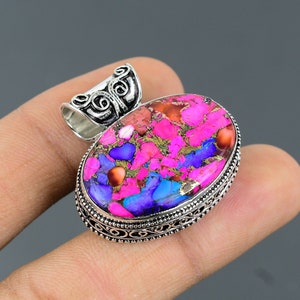 Kingman Pink Dahlia Turquoise Pendant: Handmade 925 Sterling Silver Vintage Jewelry