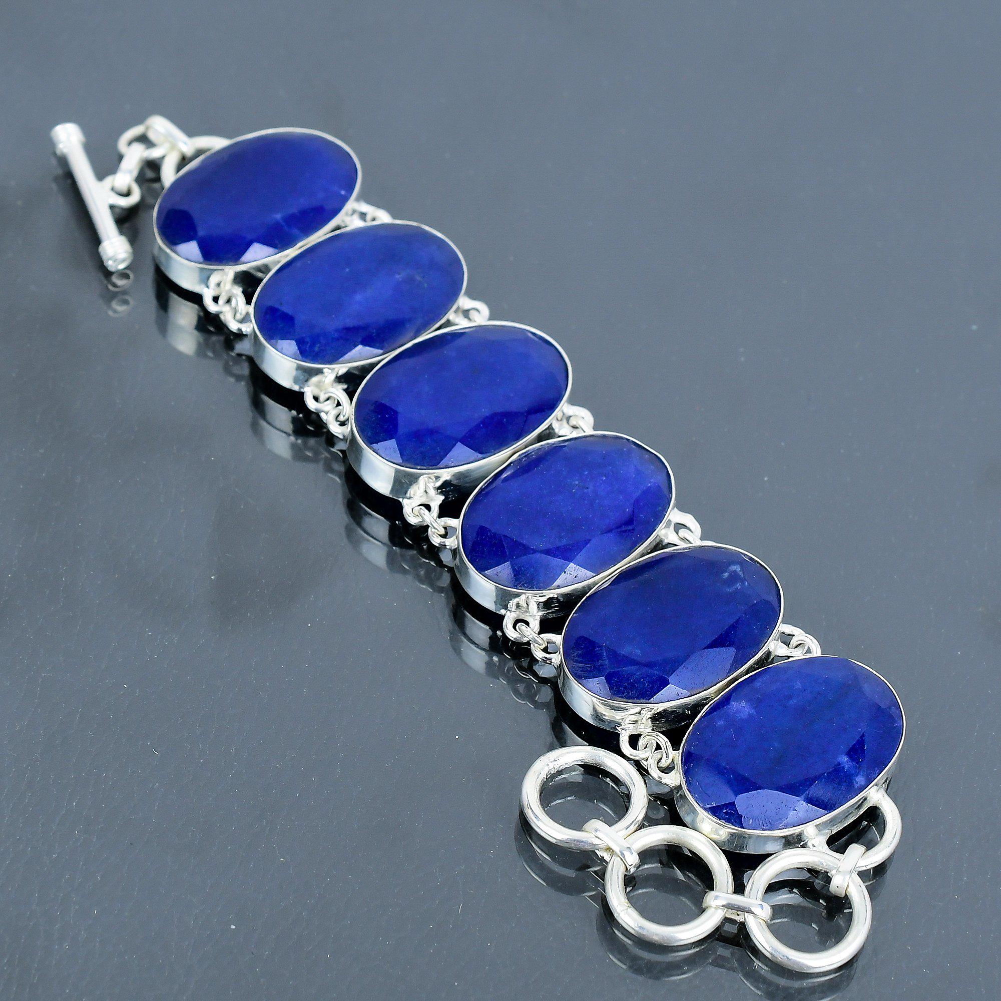 Handmade Faceted Blue Sapphire Bracelet: 925 Sterling Silver