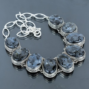Handmade Larvikite Necklace: 925 Sterling Silver, Adjustable Chain