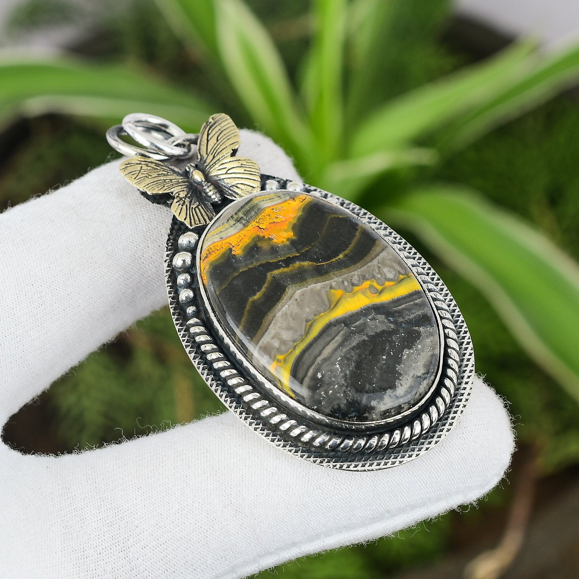 Sterling silver pendant with fancy Bumble Bee jasper in old Russian filigree technique.