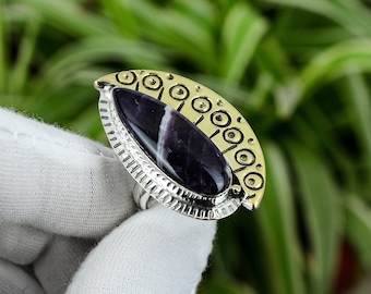 Handmade Chevron Amethyst Ring: 18K Gold Plated Sterling Silver, Adjustable Boho Jewelry