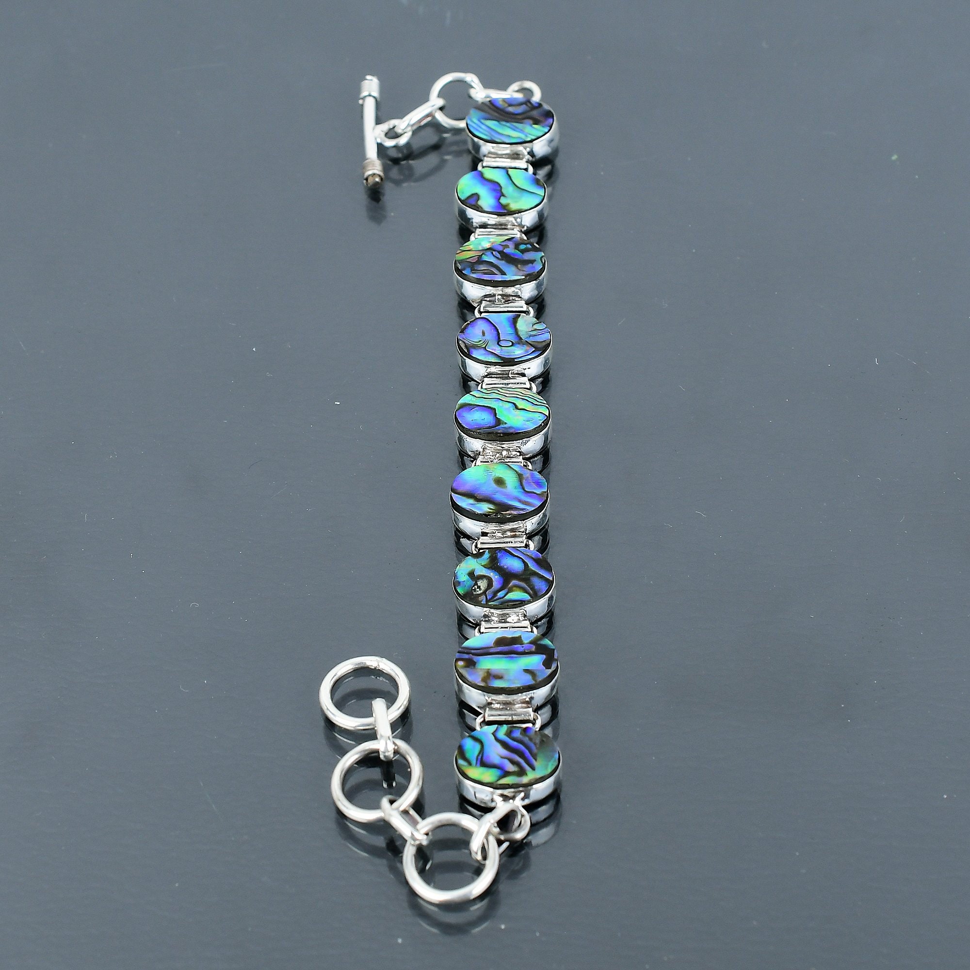 Pulsera De Plata De Ley Sol Y Luna - Diseño Con Concha De Abulón, Ajustable 7+2 Pulgadas