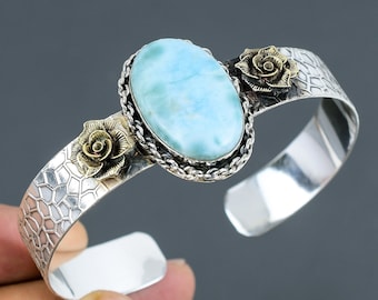 Handmade Larimar Cuff Bracelet: 925 Sterling Silver, 18K Gold Plated