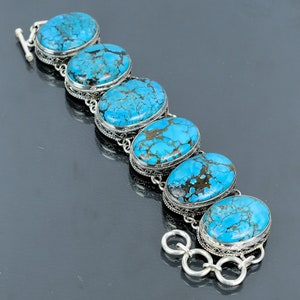 Tibetan Turquoise Bracelet 925 Sterling Silver Bracelet Adjustable Chain Bracelet Handmade Natural Gemstone Jewelry Vintage Design Bracelet