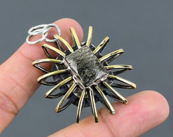 Handmade Sterling Silver Marcasite Pendant, 18K Gold Plated, Rectangular Gemstone Jewelry