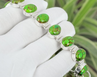 Copper Green Turquoise Bracelet Gemstone Handmade Bracelet 925 Sterling Silver Adjustable Bracelet Green Turquoise Jewelry Gift For Mom