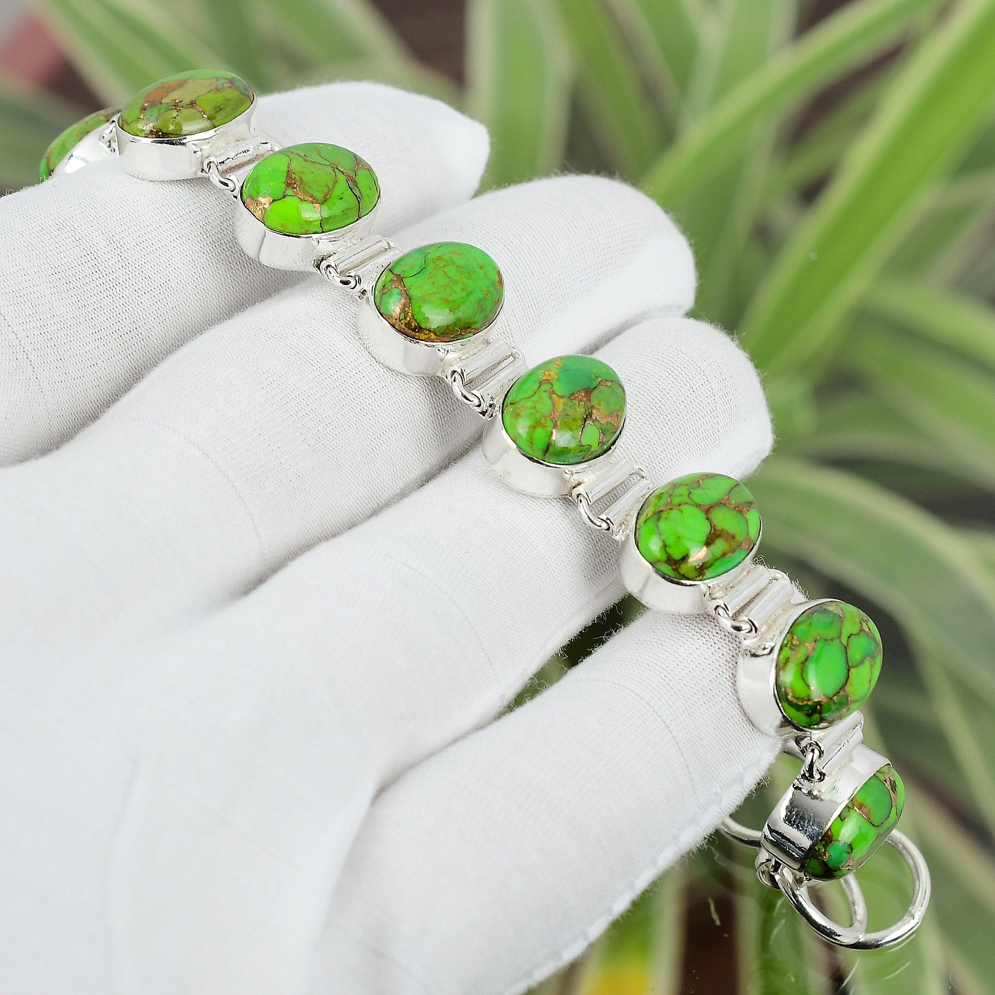 Handmade Copper Green Turquoise Bracelet: 925 Sterling Silver