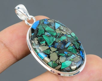 Handmade Copper Azurite Malachite 925 Sterling Silver Pendant