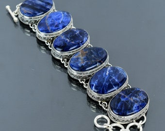 Handmade Sodalite 925 Sterling Silver Bracelet - Vintage Adjustable Gemstone Jewelry