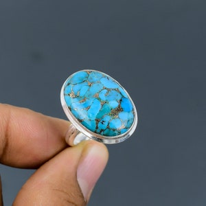 Anel de cobre turquesa feito à mão: ajustável em prata esterlina 925