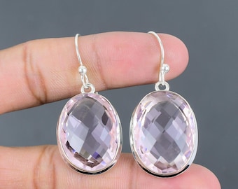 Handmade Faceted Pink Kunzite Earrings, 925 Sterling Silver, Boho Gemstone Jewelry