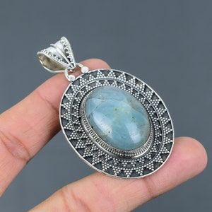 Handmade Oval Aquamarine Pendant: Vintage Sterling Silver Jewelry