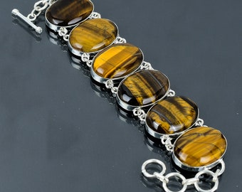 Tiger's Eye 925 Sterling Silver Bracelet: Handmade Boho Gemstone Jewelry