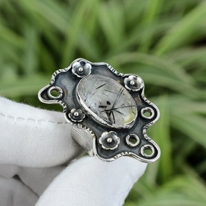 Black Rutile Ring 925 Sterling Silver Ring Ring Size 8.75 Genuine Gemstone Ring Handmade Antique Ring Ethnic Style Jewelry Gift For Friend