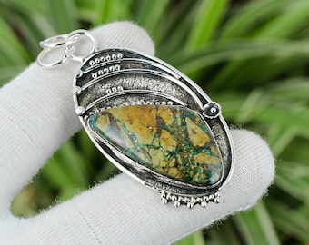 Handmade Azurite Malachite 925 Sterling Silver Boho Pendant