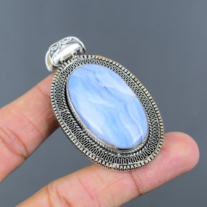 Blue Lace Agate 925 Sterling Silver Pendant - Handmade Vintage Jewelry