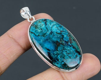 Handmade Oval Chrysocolla Pendant: 925 Sterling Silver Gemstone Jewelry