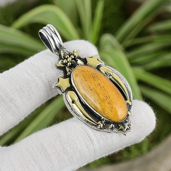 Fossil Coral Pendant 925 Sterling Silver Pendant 18K Gold Plated