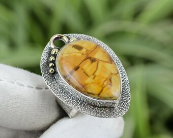 Handmade Pear Picture Jasper Ring: 925 Sterling Silver, Size 7.5