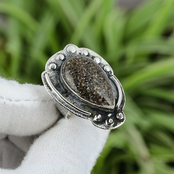 Dinosaur Bone Ring 925 Sterling Silver Ring Ring Size 9 Gemstone Jewelry Stylish Ring Handmade Women Ring Gift For Bridal Boho Style Jewelry