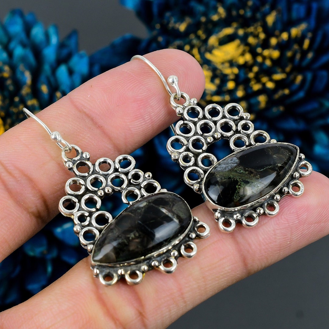 Rare Chrysanthemum Earrings, Gemstone Earrings, Black Drop & Dangle