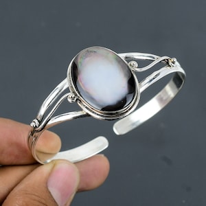 Brazalete de nácar de plata de ley 925, ajustable, hecho a mano, joyería única, brazalete con piedras preciosas, regalo para ella
