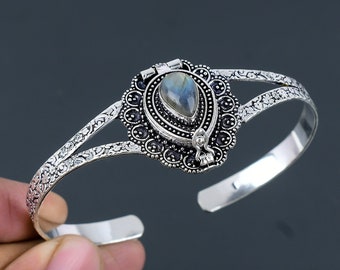Handmade Sterling Silver Labradorite Cuff Bracelet, Adjustable Gemstone Bangle