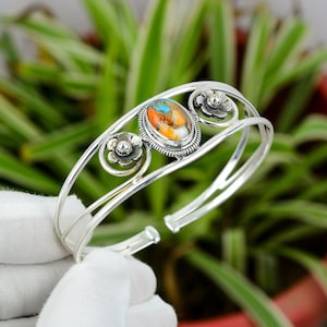 Spiny Oyster Copper Turquoise Bangle 925 Sterling Silver Bangle Handmade Bangle Gift For Women Gemstone Cuff Bangle Adjustable Cuff Bracelet