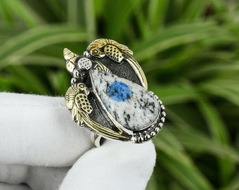 Handmade K2 Jasper Ring: 925 Sterling Silver, 18K Gold Plated, Adjustable