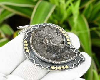 Pendente Ammonite Fossil 925 Pendente in argento sterling Pendente in oro 18K placcato vera pietra preziosa Fatto a mano Pendente unico Jewelry Regalo per lei