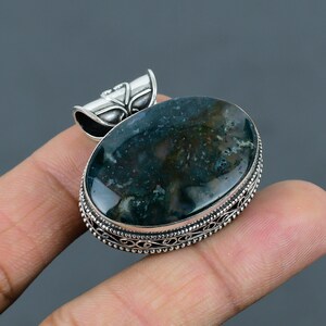 Moss Agate 925 Sterling Silver Pendant - Handmade Vintage Jewelry