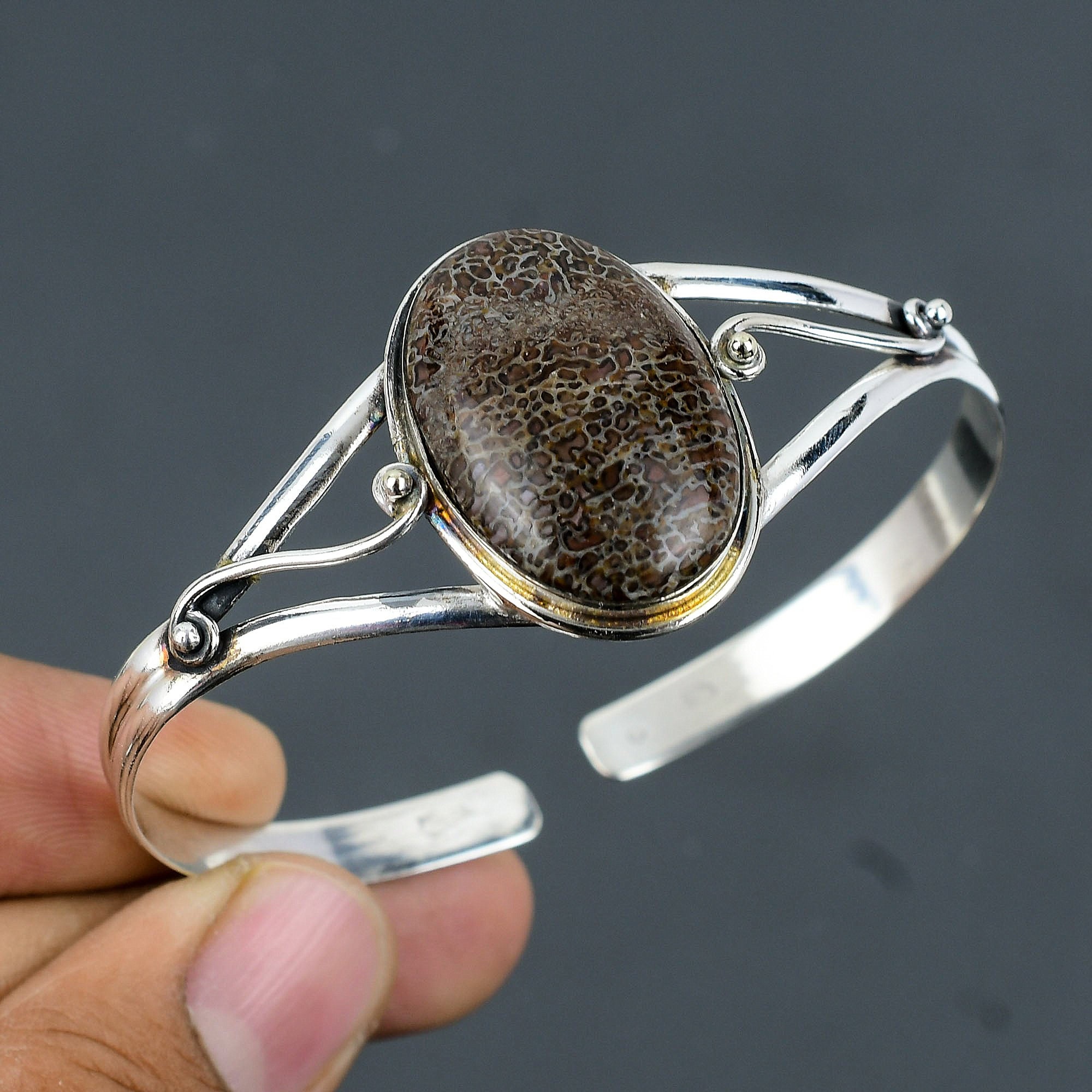 Dinosaur Bone Bangle 925 Sterling Silver Bangle Natural Gemstone Bracelet Handmade Jewelry Adjustable Bangle Elegant Jewelry Gift For Women