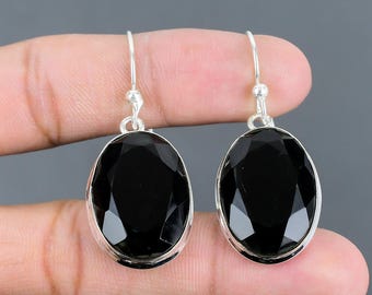 Handmade Faceted Black Onyx Dangle Earrings: 925 Sterling Silver