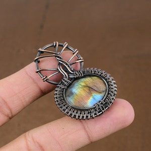 Handmade Copper Wire Wrapped Labradorite Pendant: Oval Gemstone Jewelry