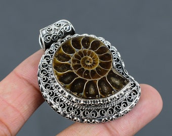 Ammonite Fossil Pendant: Handmade 925 Sterling Silver Gemstone Jewelry