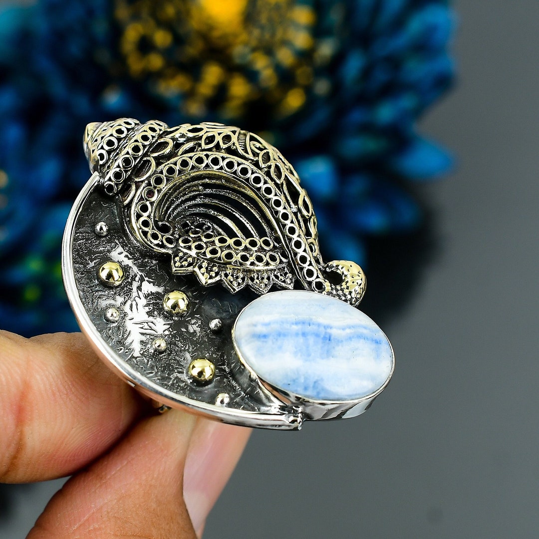 Blue Scheelite Conch Shell Ring 18K Gold Plated Gemstone Etsy