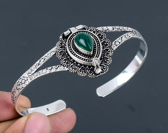 Green Onyx Poison Box Cuff: 925 Sterling Silver Adjustable Bangle