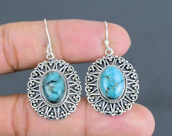 Tibetan Turquoise Earrings: Handmade 925 Sterling Silver Vintage Jewelry