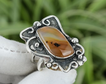 Handmade Montana Agate Ring: Leaf Stone, Sterling Silver, Size 8