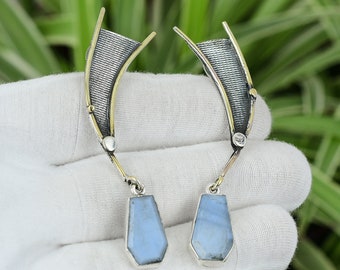 Faceted Blue Lace Agate Earring 925 Sterling Silver Earring 18K Gold Plated Women Earring Genuine Gemstone Drop Earrings Handmade Earring