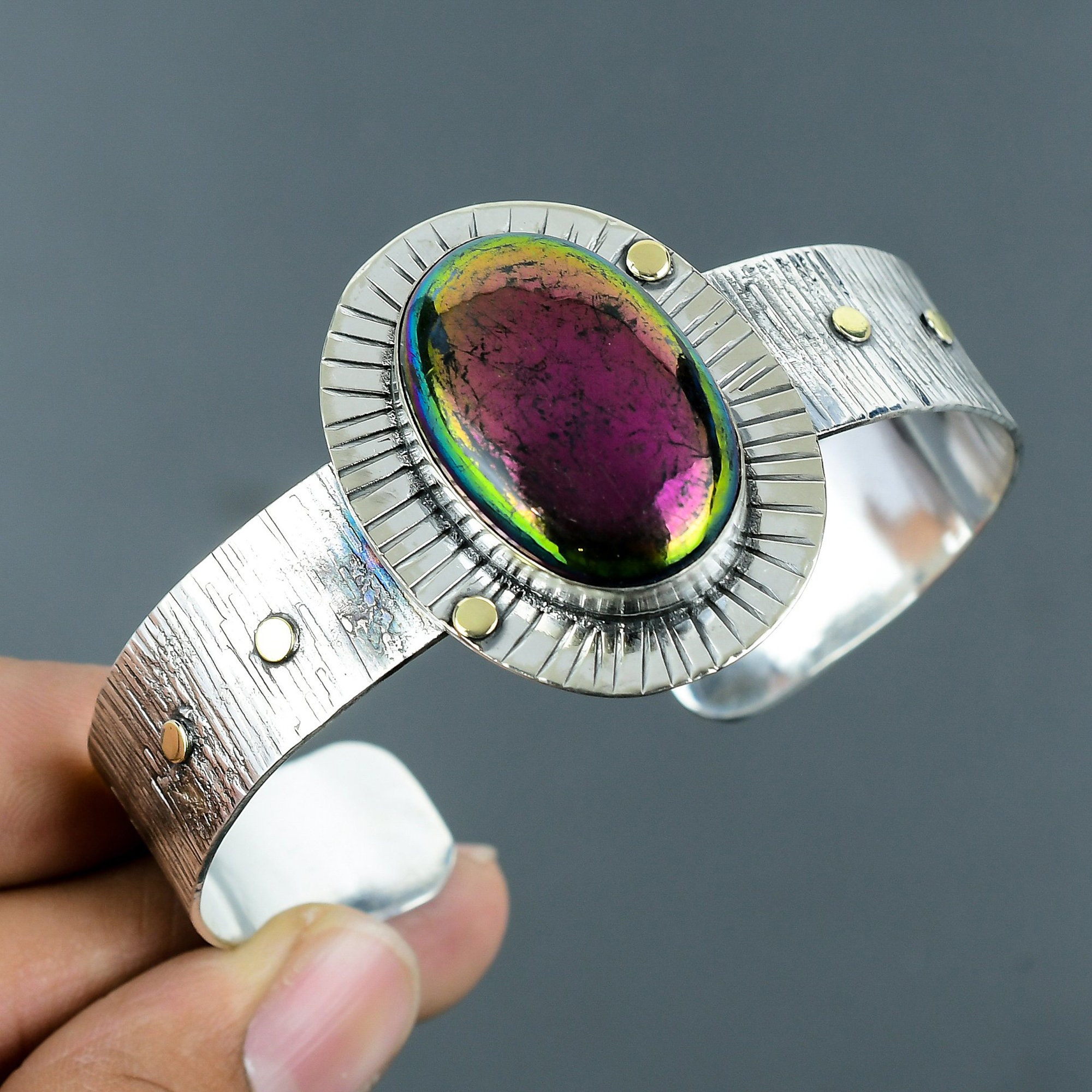 Rainbow Labradorite Bangle: Handmade 925 Sterling Silver